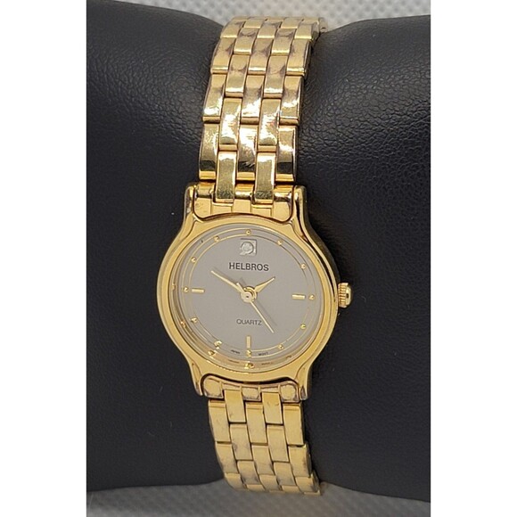 Womens Helbros 02921D Round Gold Tone Gray Dial Link Bracelet Analog Watch 01
